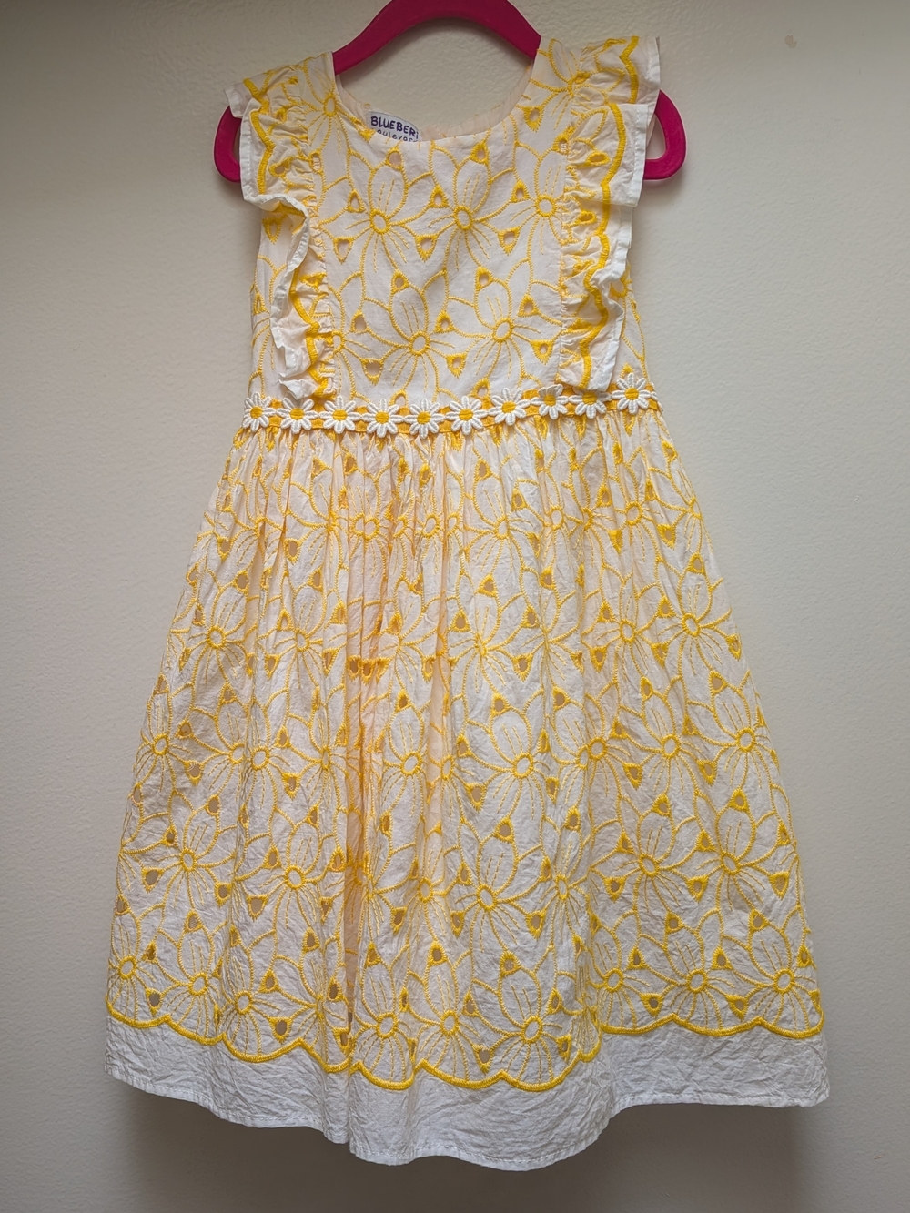 Blueberi Boulevard Yellow & White Floral Eyelet Dress for Girls. Size 6